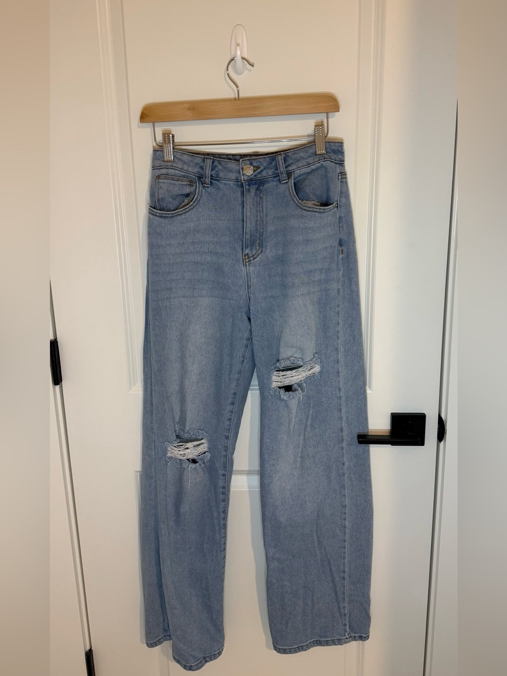 Light Blue High-Rise Wide Leg Jeans with Knee Distress